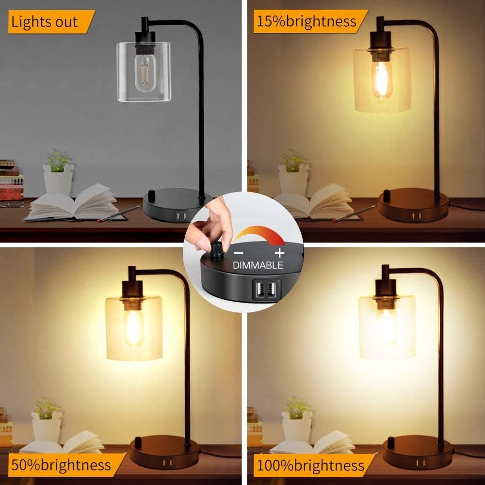 Industrial Table Lamp, Fully Dimmable Modern Nightstand Lamp with Dual USB Port, Glass Shade Table Lamps