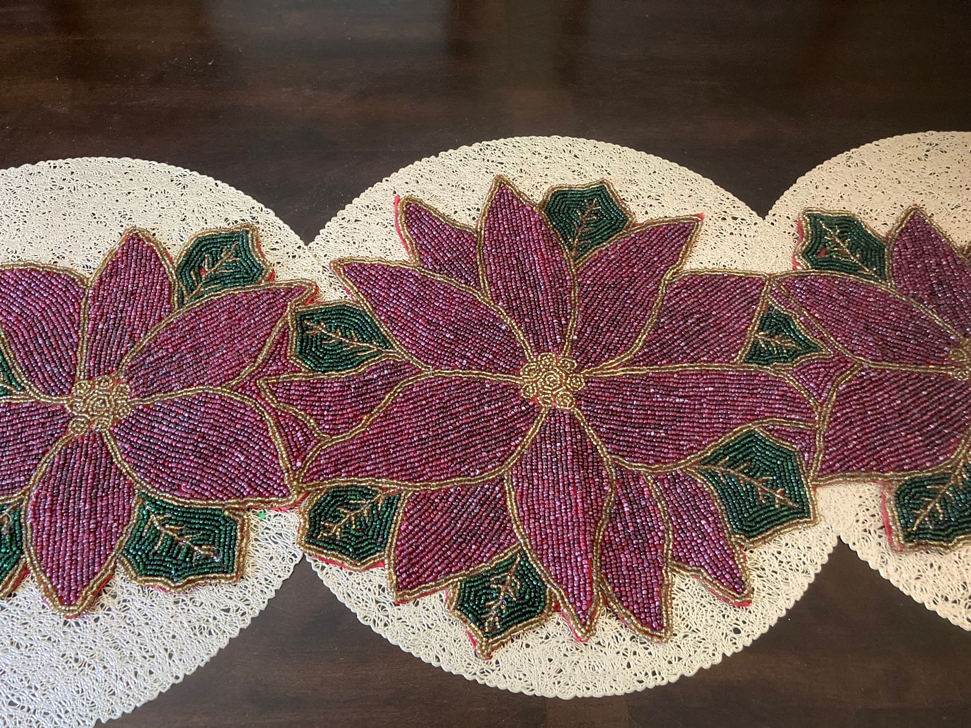 Beaded green and red table runner