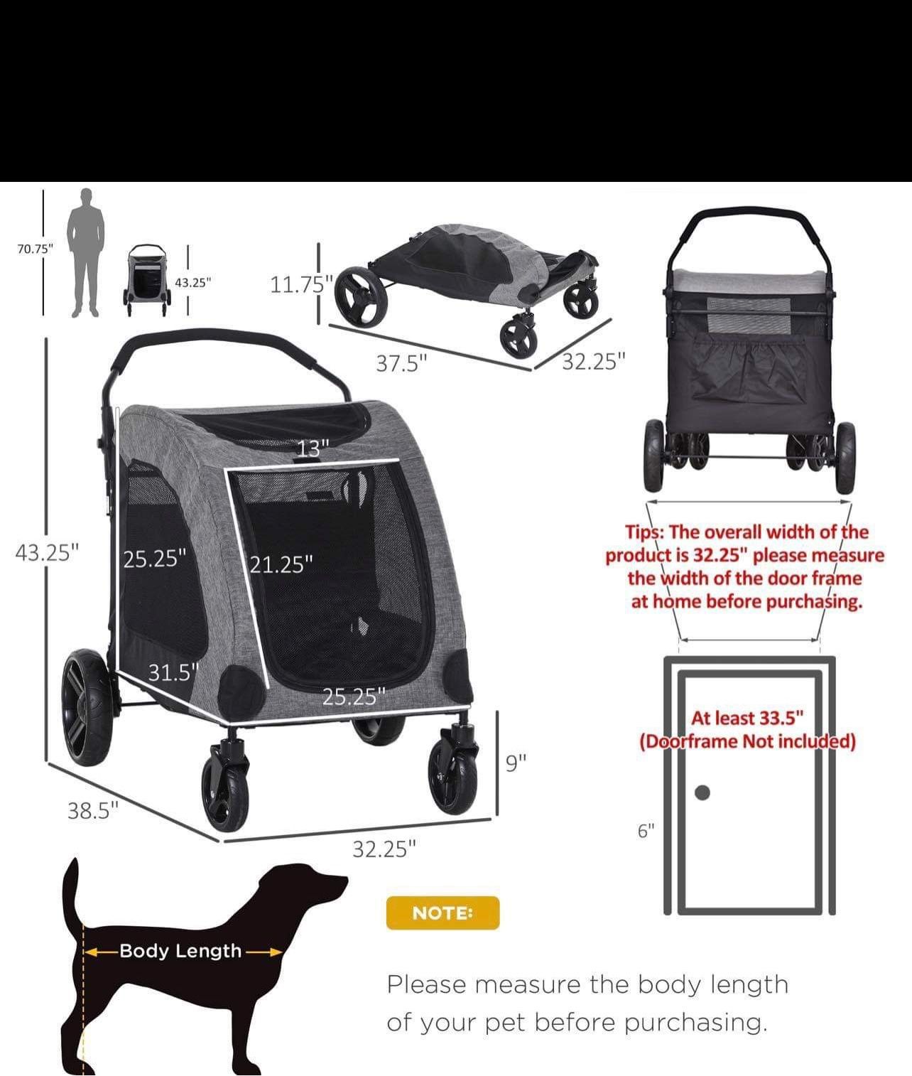Foldable Dog Stroller with Storage Pocket, Oxford Fabric for Medium Size Dogs - Grey