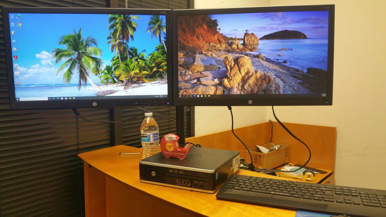 Small HP computer w/ Two (2) HP 22"LED monitors on dual-armed stand, wireless Keyboard&Mouse, i5, 8GB RAM, 600GB SSD, WiFi, DVD-RW, Win10Pro