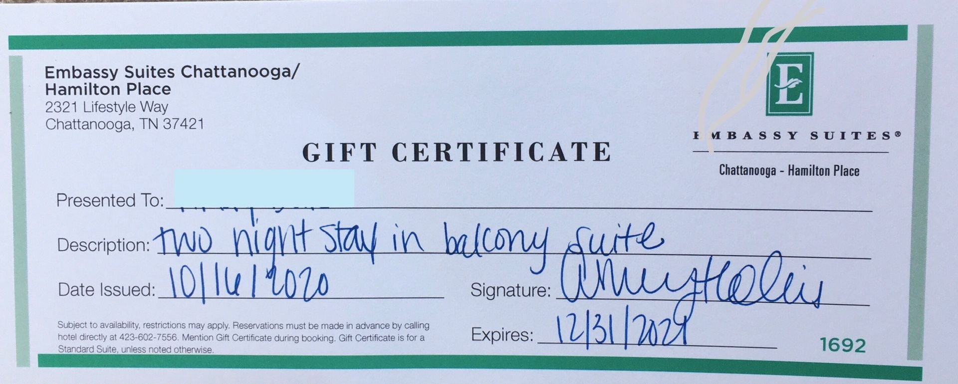Hotel certificate 2 night stay