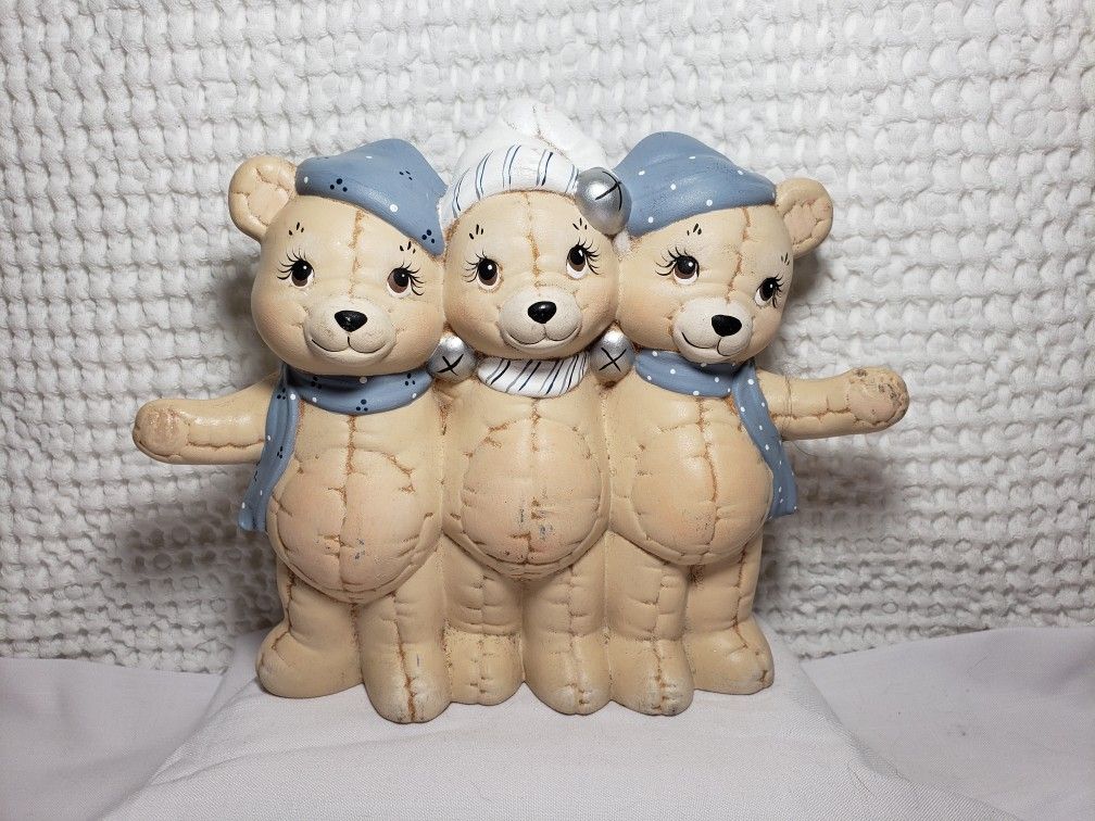 Ceramic Teddy bear trio . Good condition and smoke free home. Measures 8 3/4" T X 9 3/4" L
