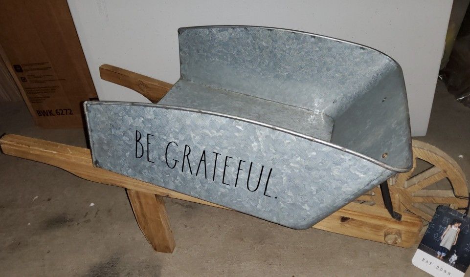 Rae Dunn BE GRATEFUL galvanized &wood Wheelbarrow