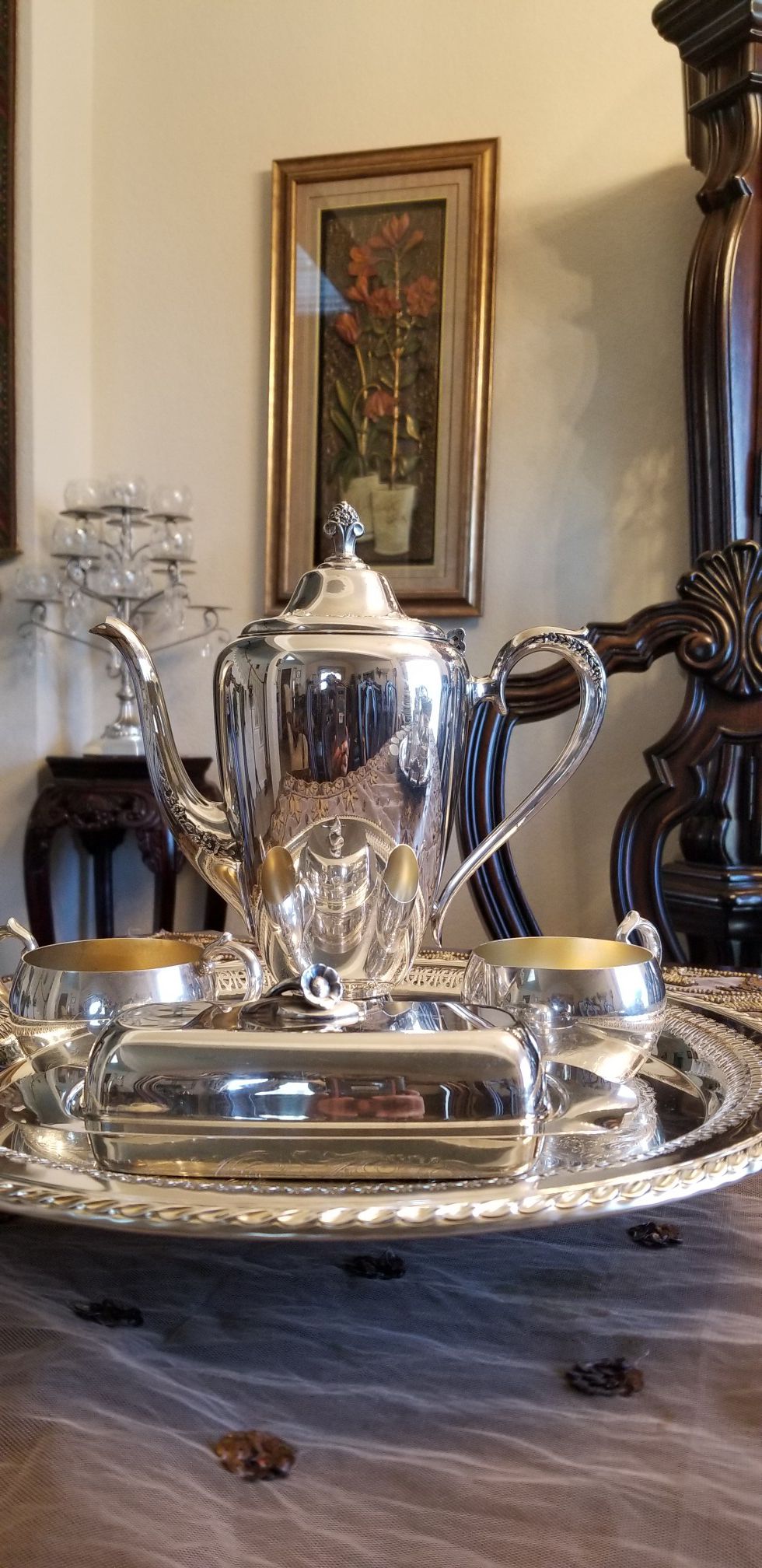 Silverplated tea set with butter dish and edge decorated tray
