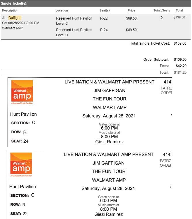 Jim Gaffigan - Two Walmart AMP Seat Tickets