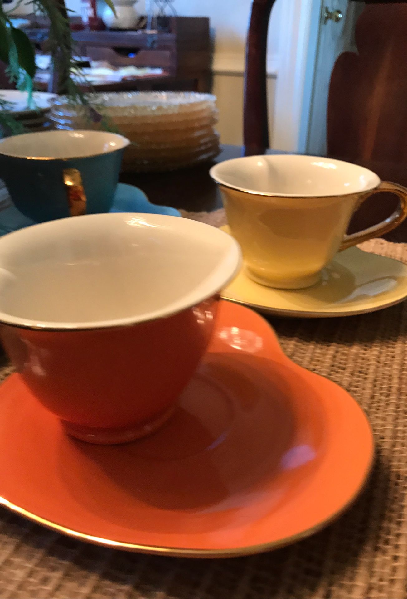 Gold trimmed colorful tea set for 6