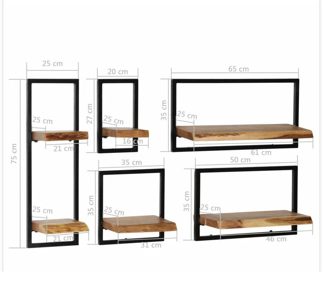 Wàll Shelf Set 5 Pieces Solid Acacia Wood and Steel