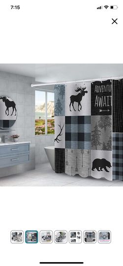 4pcs Retro Rustic Lodge Bear Moose Deer Shower Curtain Set Toilet Lid Cover & Bath Mat  Thumbnail