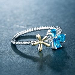"Sweet Double Flower Sea Blue CZ Weave Thin Rings for Women, VP1672 Thumbnail