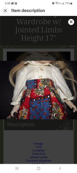 Vintage 1976 China Doll w Jointed Limbs and Complete Wardrobe Thumbnail
