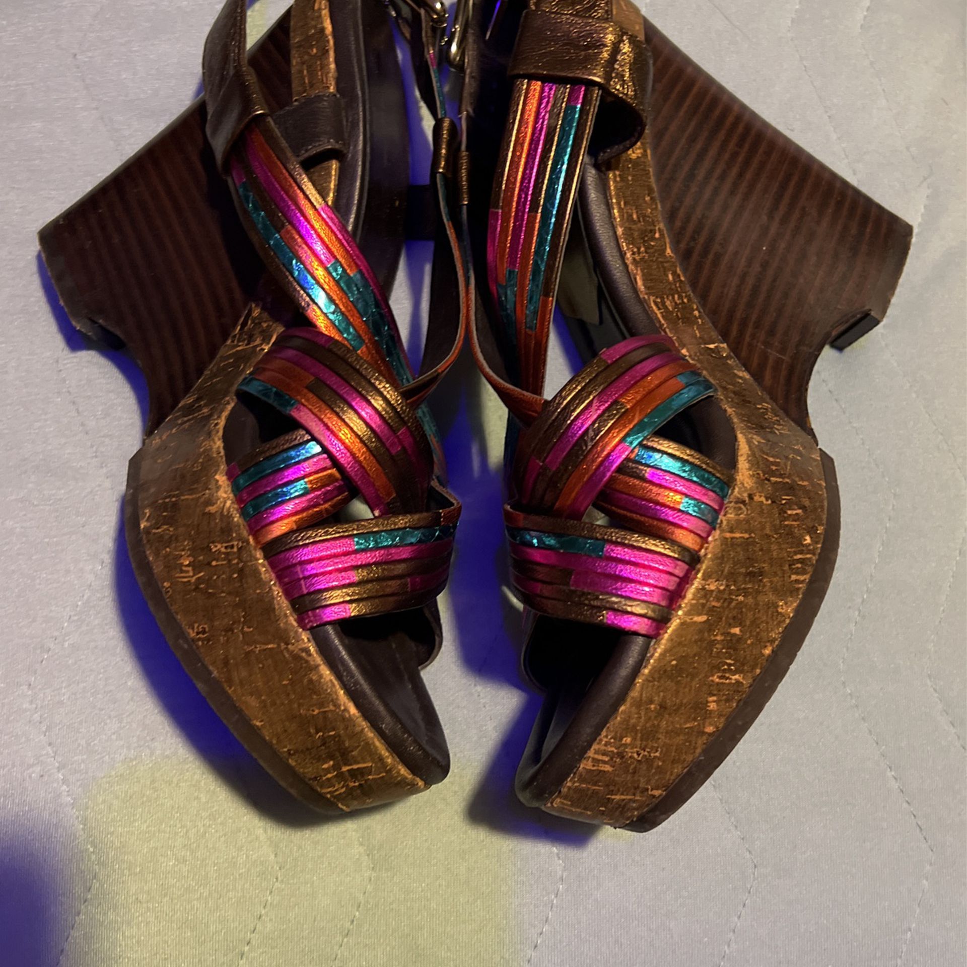 Donald Pliner Rainbow Iridescent  Turquoise pink orange bronze brown silver copper wedge dressy or casual strappy ankle closure Buckle Open toe