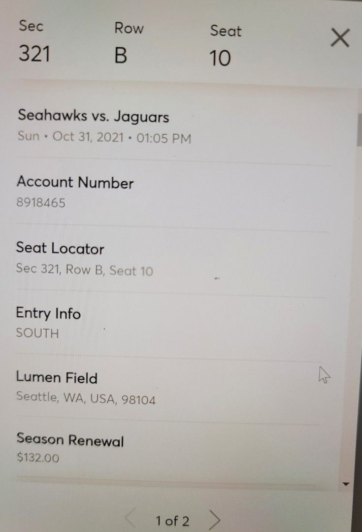 PRICE DROP Seahawks Vs Jacksonville Jaguars - 2nd Row (Row B) Toyota Fan Deck - $100