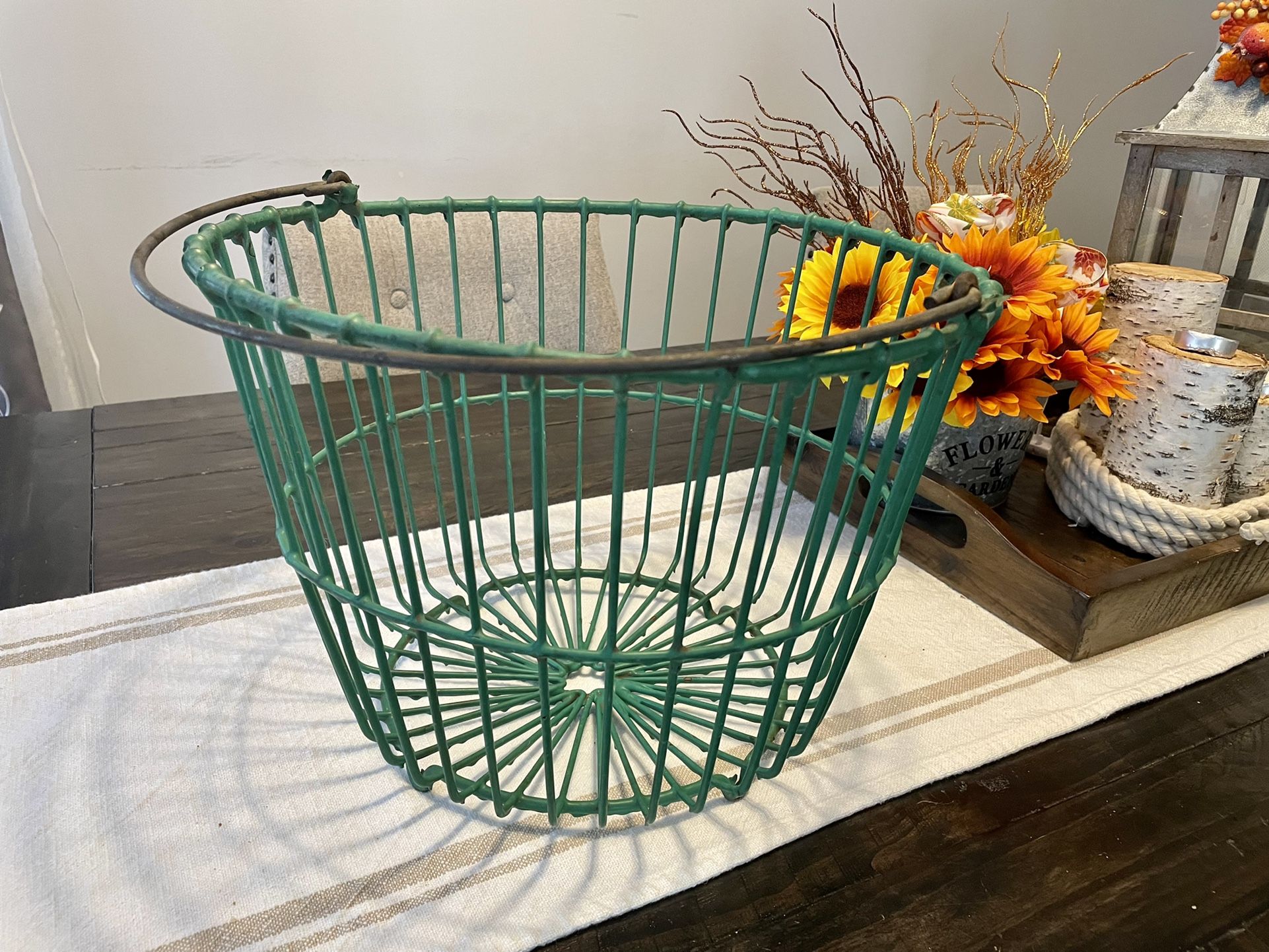 Antique Vintage Farmhouse Green Coated Large Metal Wire Egg Basket
