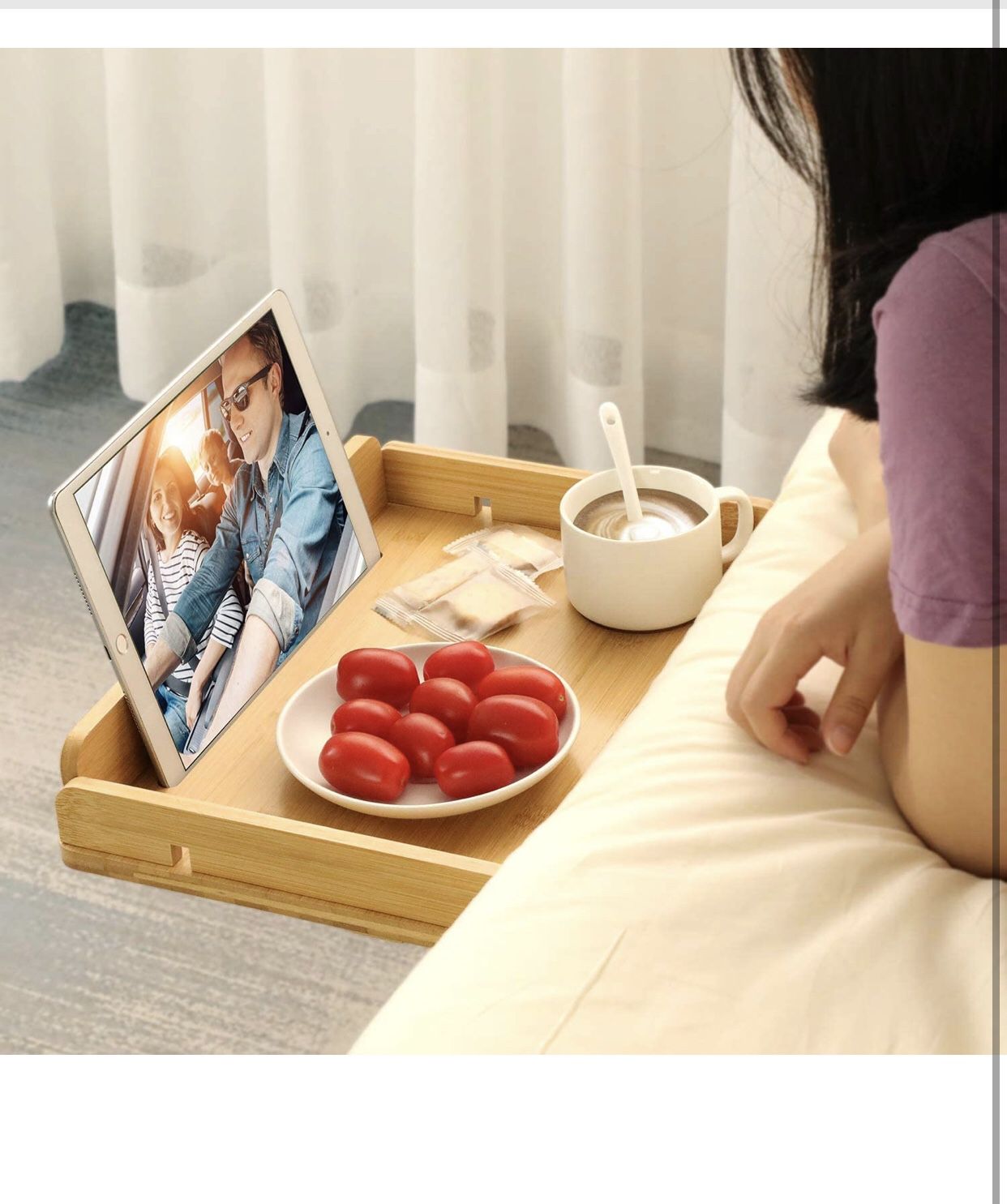  Bamboo Bedside Shelf for Bed with Cable Management & Cup Holder, Versatile Use as Snack Bedside Table, Tablet Holder