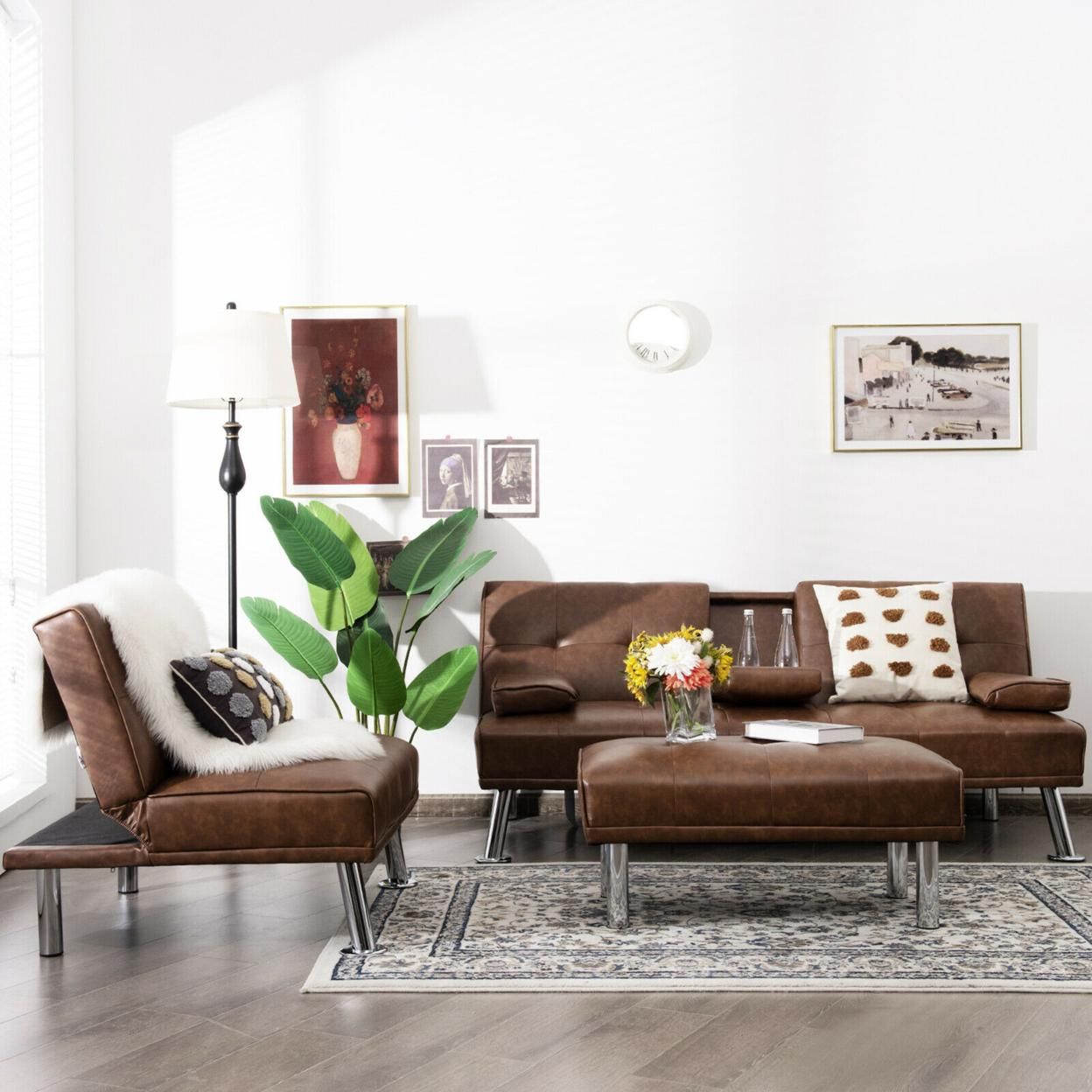 Gymax 3-Piece Sectional Sofa Set Convertible Futon w/Single Sofa & Ottoman Brown