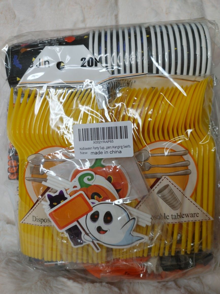 NEW Halloween Party Supplies Set- Serve 20 - Halloween Decorations For Adults And Kids, Include Halloween Plates Cups Napkins Straws Tablecloth Banner