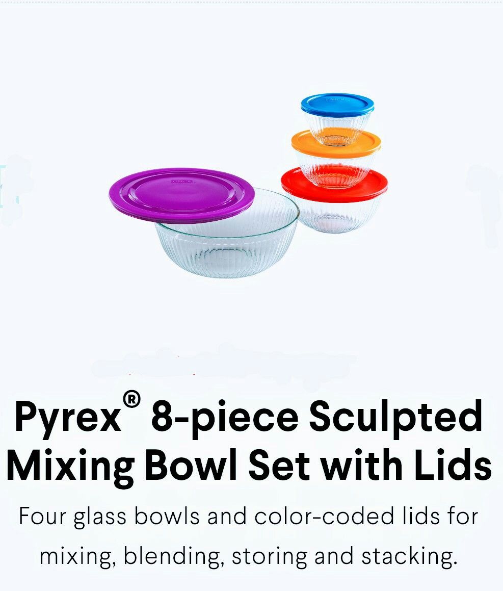 Pyrex 8pc Sculpted Mixing bowl set with colorful lids