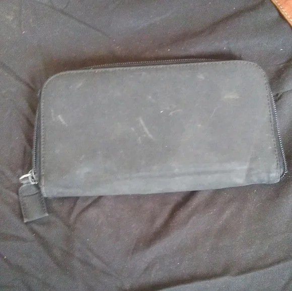 Vintage prada tessuto long black nylon leather zip around large wallet clutch

