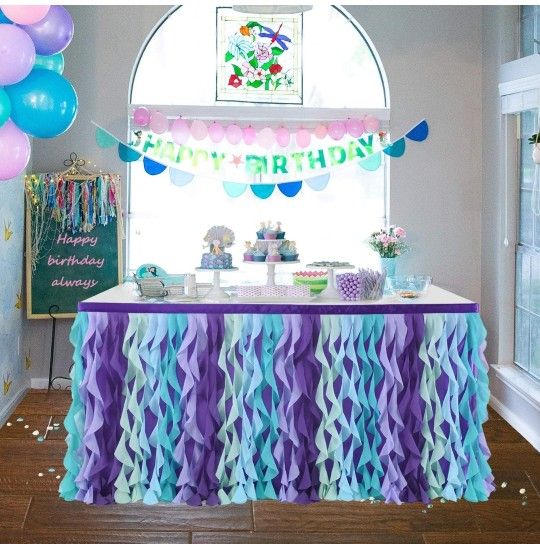 Mermaid Curly Willow Table Skirting for Baby Shower Purple 9ftTaffeta Table Skirt Tutu Tulle Table Skirt for Round or Rectangle Table