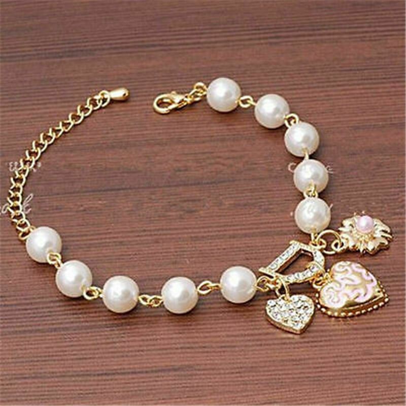Fashion Gold Plated Women's Jewelry Crystal Heart Bangle Pearl Bracelet Hot