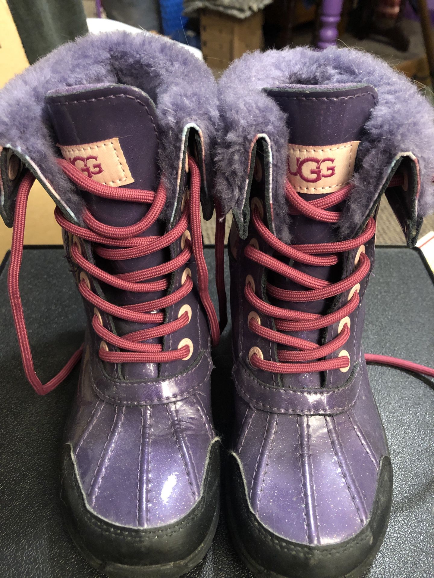 UGG Girls Purple Tie-Up Rain Boots, SIZE 13. Waterproof 