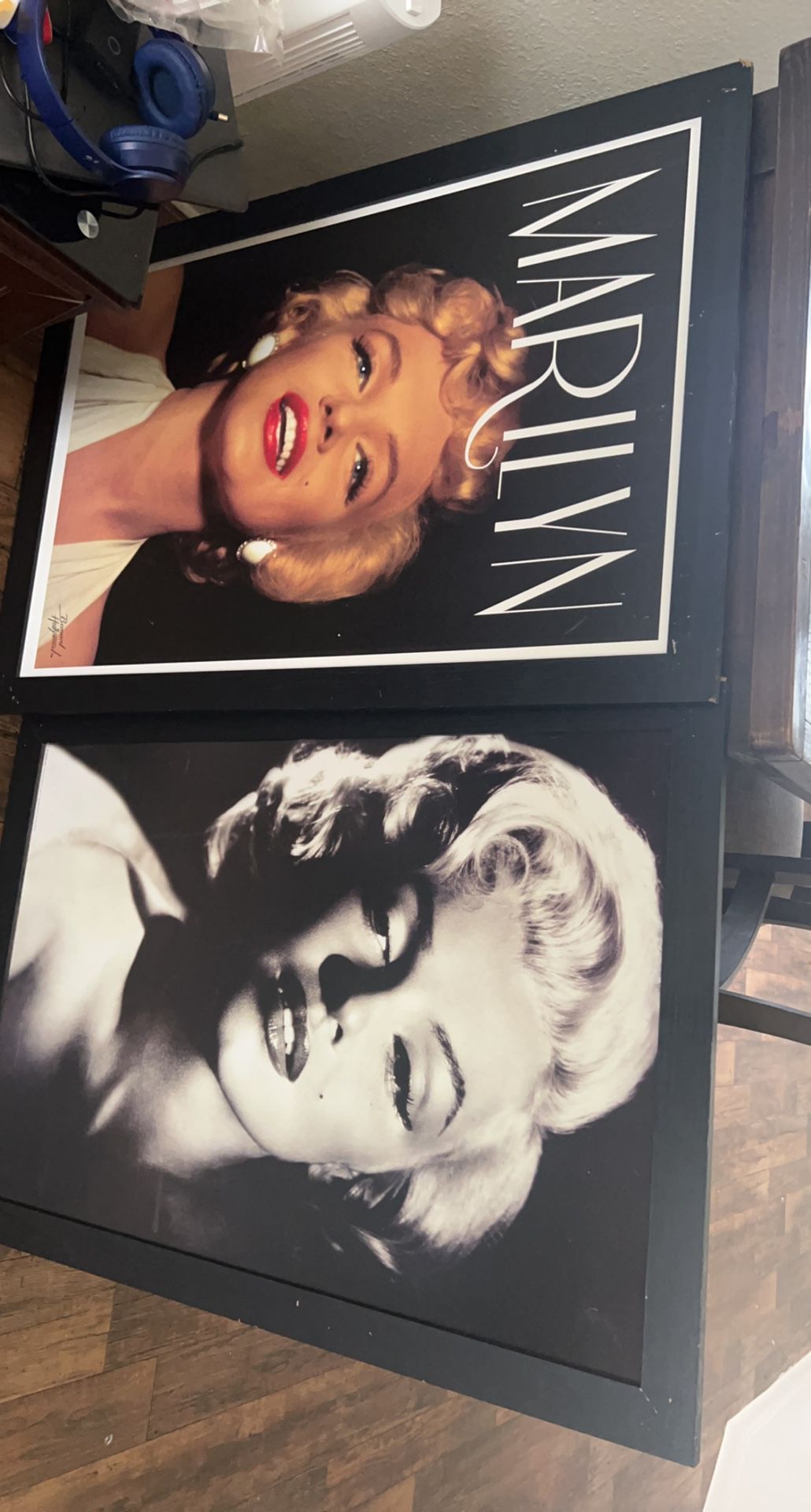 All Wood Table With Bar Stools & Large Marilyn Monroe wooden Portraits