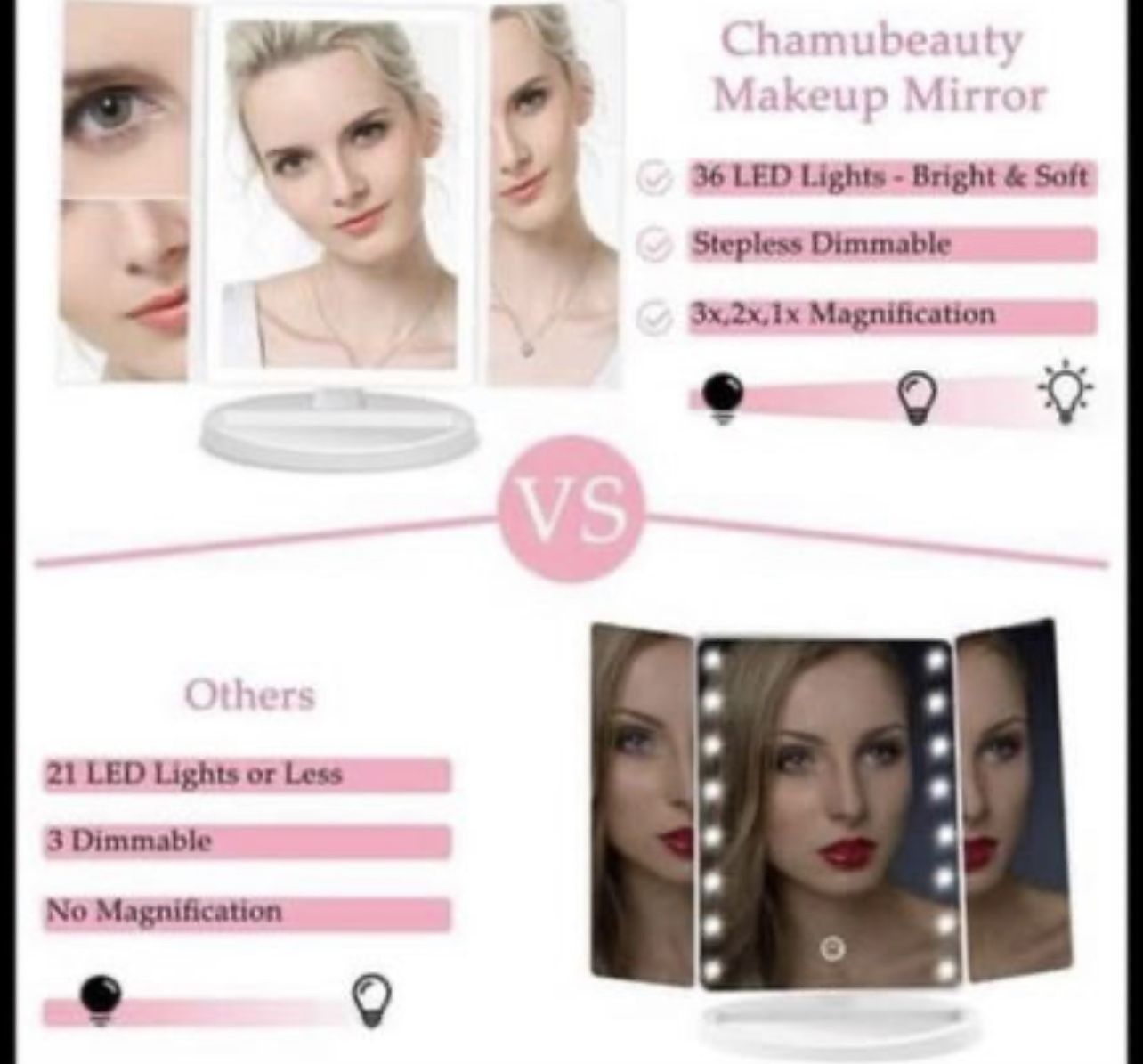 Lighted Makeup Mirror, Vanity Mirror with 24 LED Lights and Magnification, Tri-fold Countertop Magnifying Mirror with Touch Dimmer, Battery and USB Po