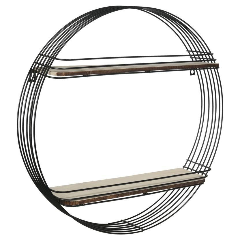 Saltoro Sherpi Metal Round Wall Shelf with 2 Tier Wooden Surface, Brown and Black