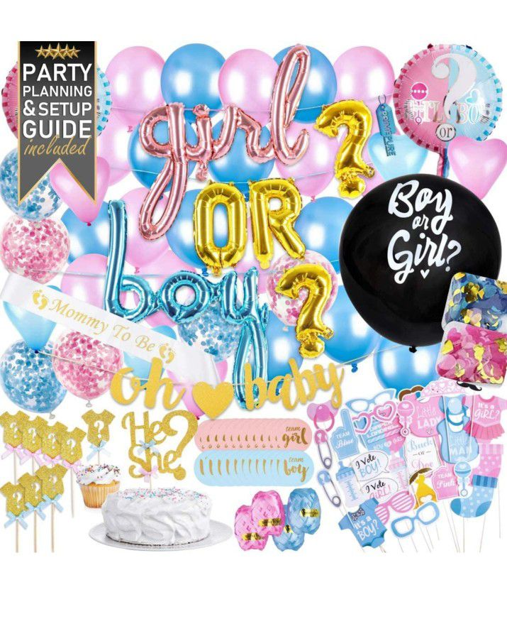 Baby Gender Reveal Party Supplies and Decorations (111 Piece Premium Kit) Pink and Blue Balloons, 36 inch Gender Reveal Balloon, Boy or Girl Banner

