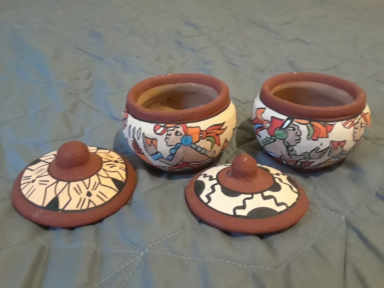 Mayan pots with lids; set of 2 ceramic Aztec handmade lidded containers
