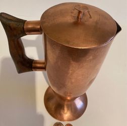 Vintage Metal Copper Serving Pitcher, Wooden Handle, 10" Tall, Kitchen Decor, Table Display, Shelf Display, This Can Be Shined Up Even More Thumbnail
