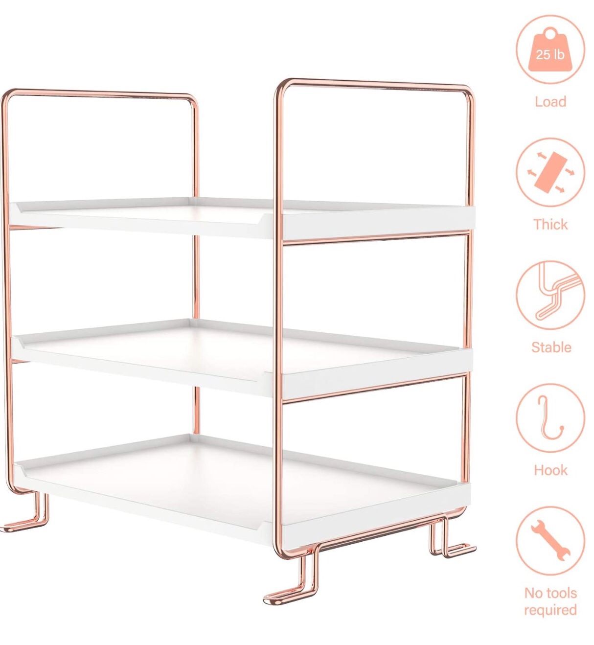 3-Tier Stackable Organizer Shelf, Bathroom Countertop Storage Shelf, Kitchen Spice Rack, Freestanding Cosmetic Holder for Bedroom Counter (Rose Gold)