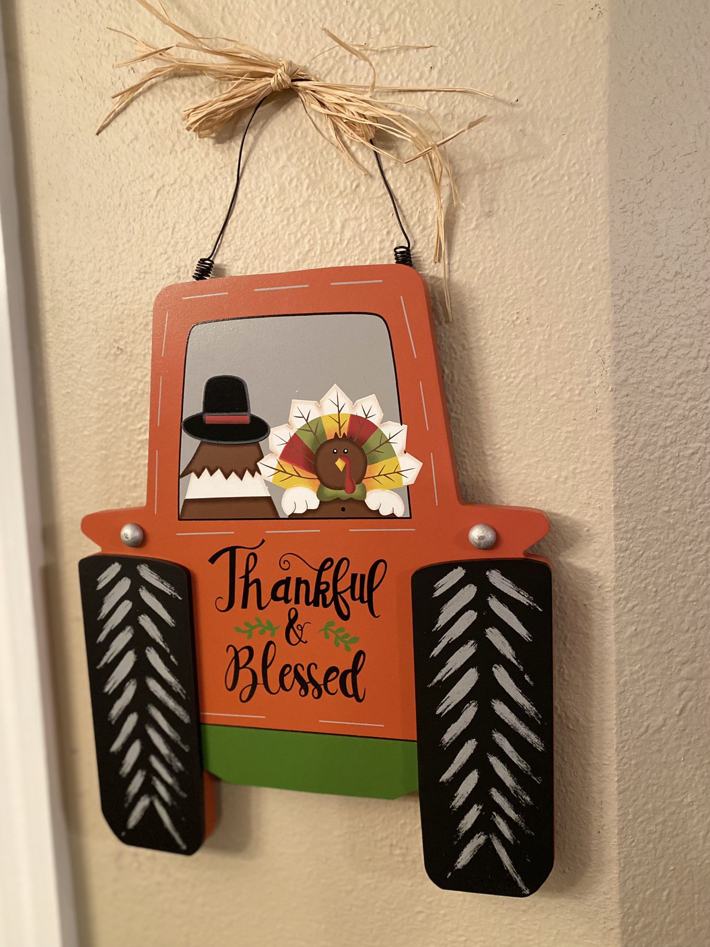 Fall Autumn Thankful & Blessed Pilgrim, Turkey  & Farmhouse Tractor Hanging Wood Sign