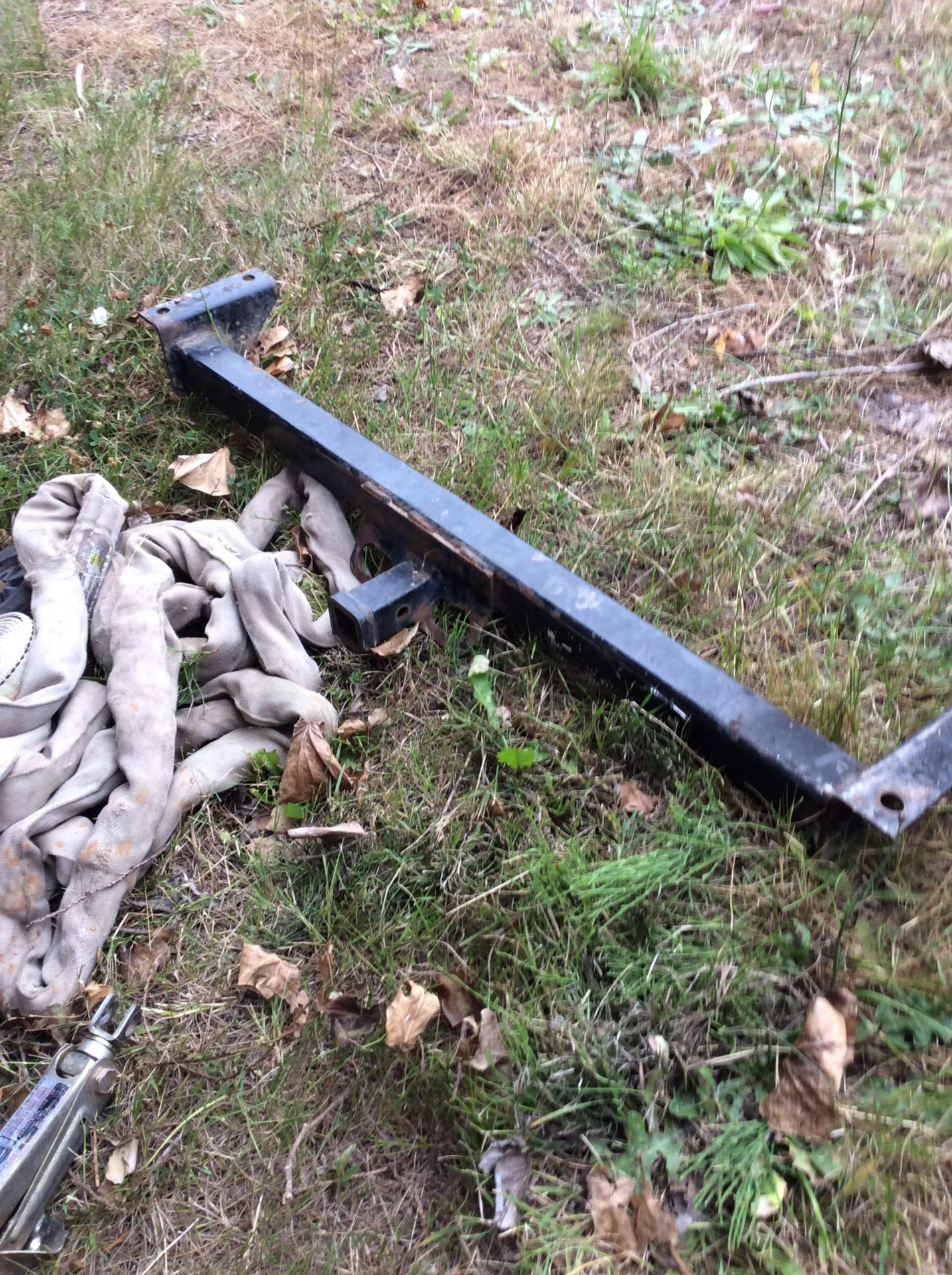 Gas can lot, tow straps, car jacks, trailer tires(2), tow hitch