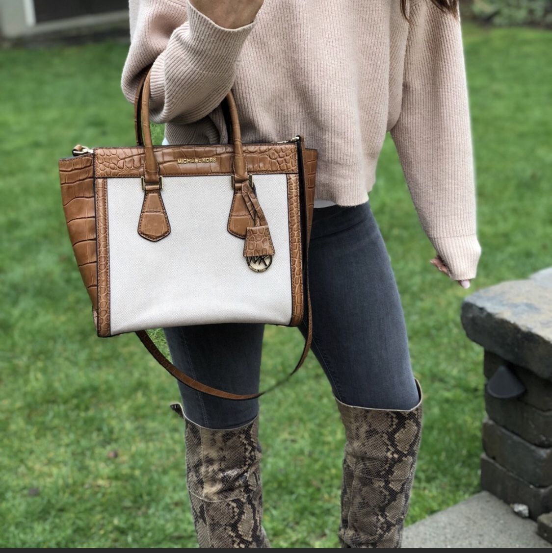 Michael Kors Canvas body Bag with croc embossed leather trim