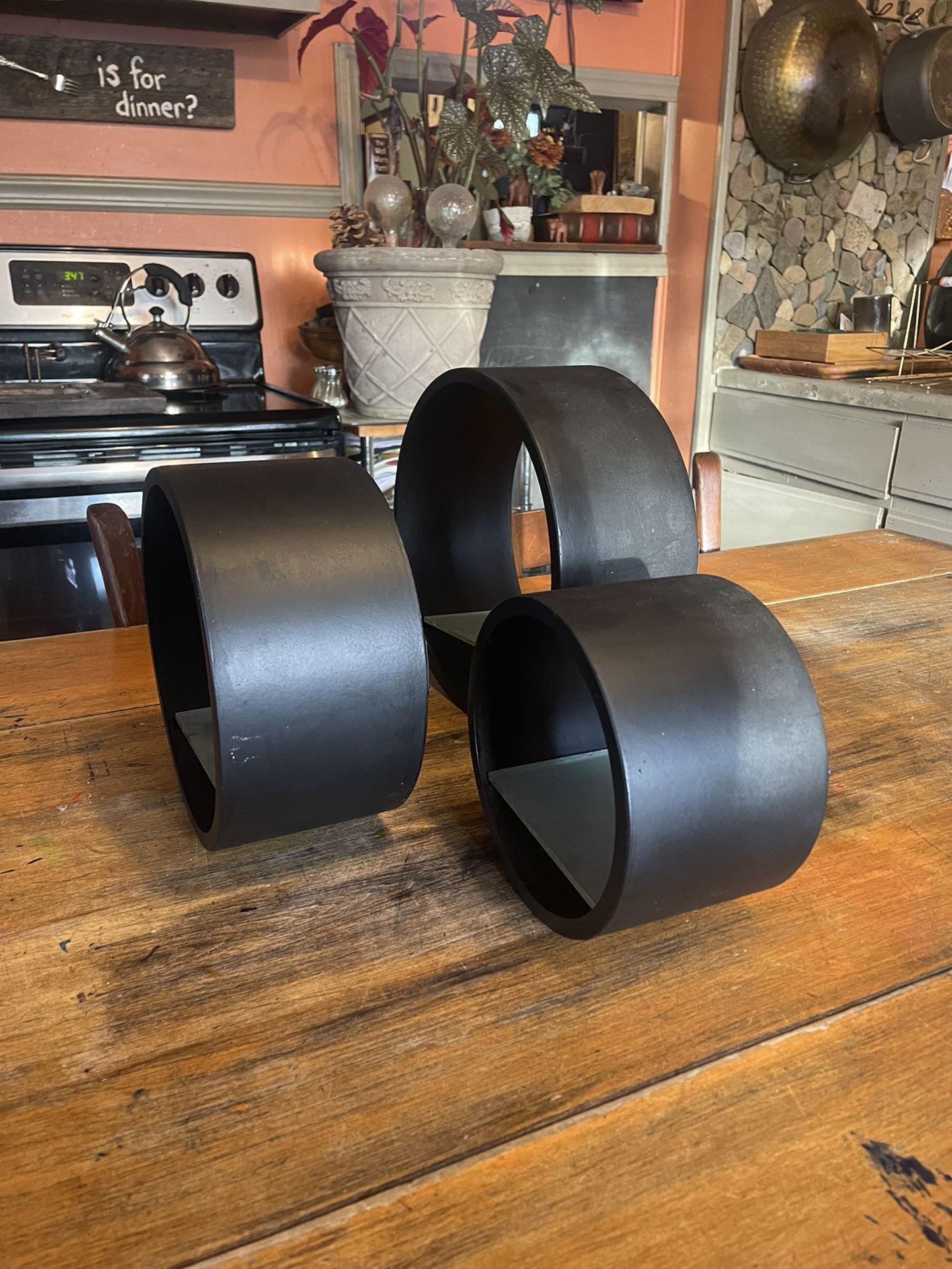 Set of 3 Black Round Circle Wall Shelves with Glass Insert Retro