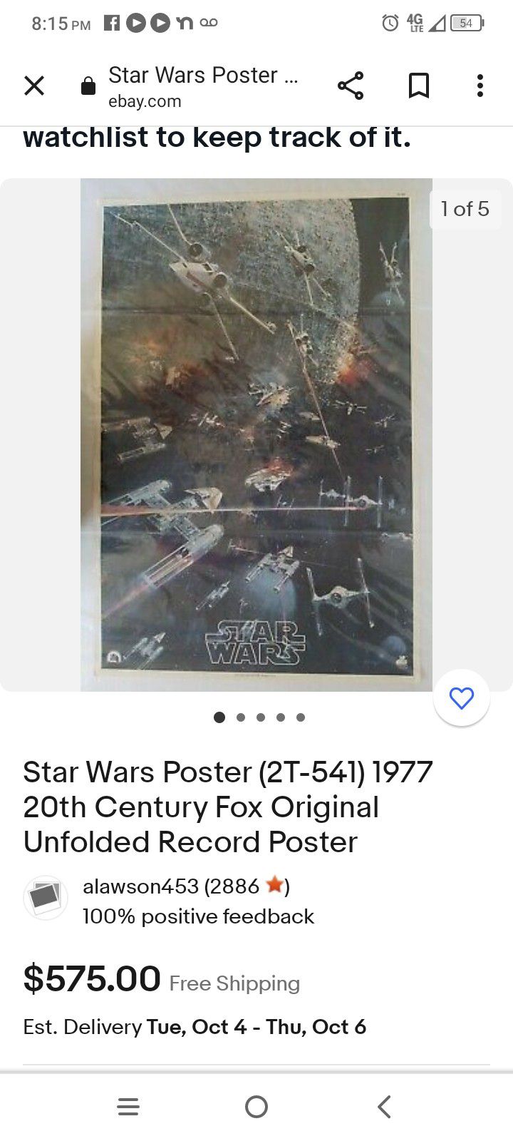 Star Wars Poster (2T-541) 1977 20th Century Fox Original Record Poster


