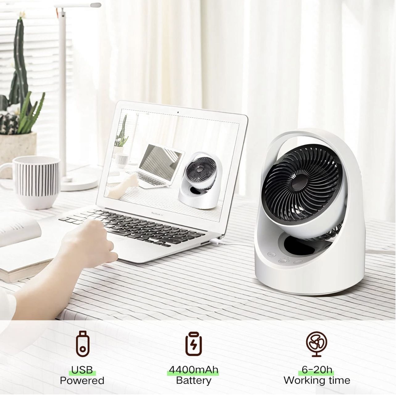 Air Circulator Fan Rechargeable Desk Fan Portable Oscillating Cordless Fan with LED Light 4 Speeds USB Powered Quiet Table Fan for Home Office Bedroom