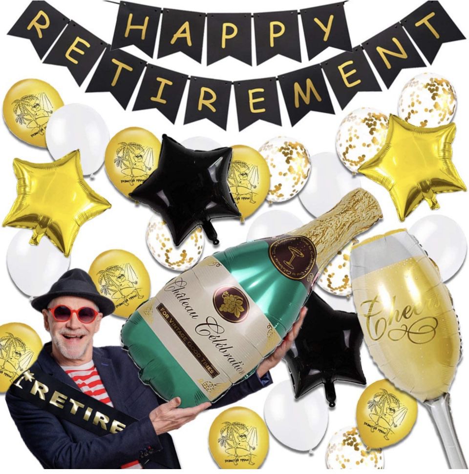 NEW! Retirement Party Decorations, Black and Gold Retirement Party Supplies with Happy Retirement Banner Latex Balloons Tissue Pom Poms Paper Fans Ret