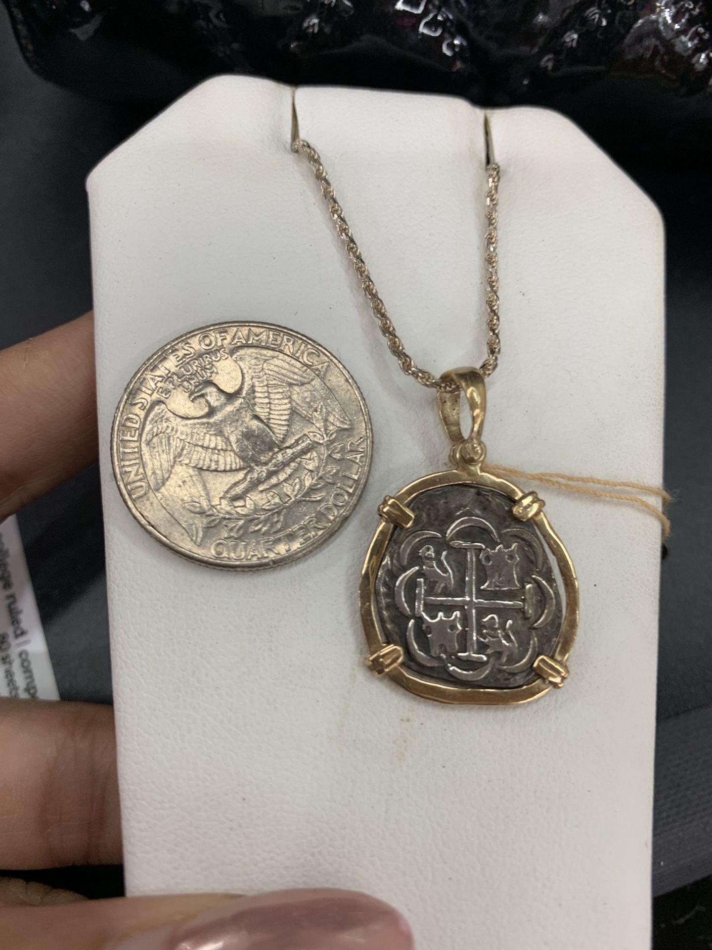 Atocha silver coin pendant in gold bezel with silver chain