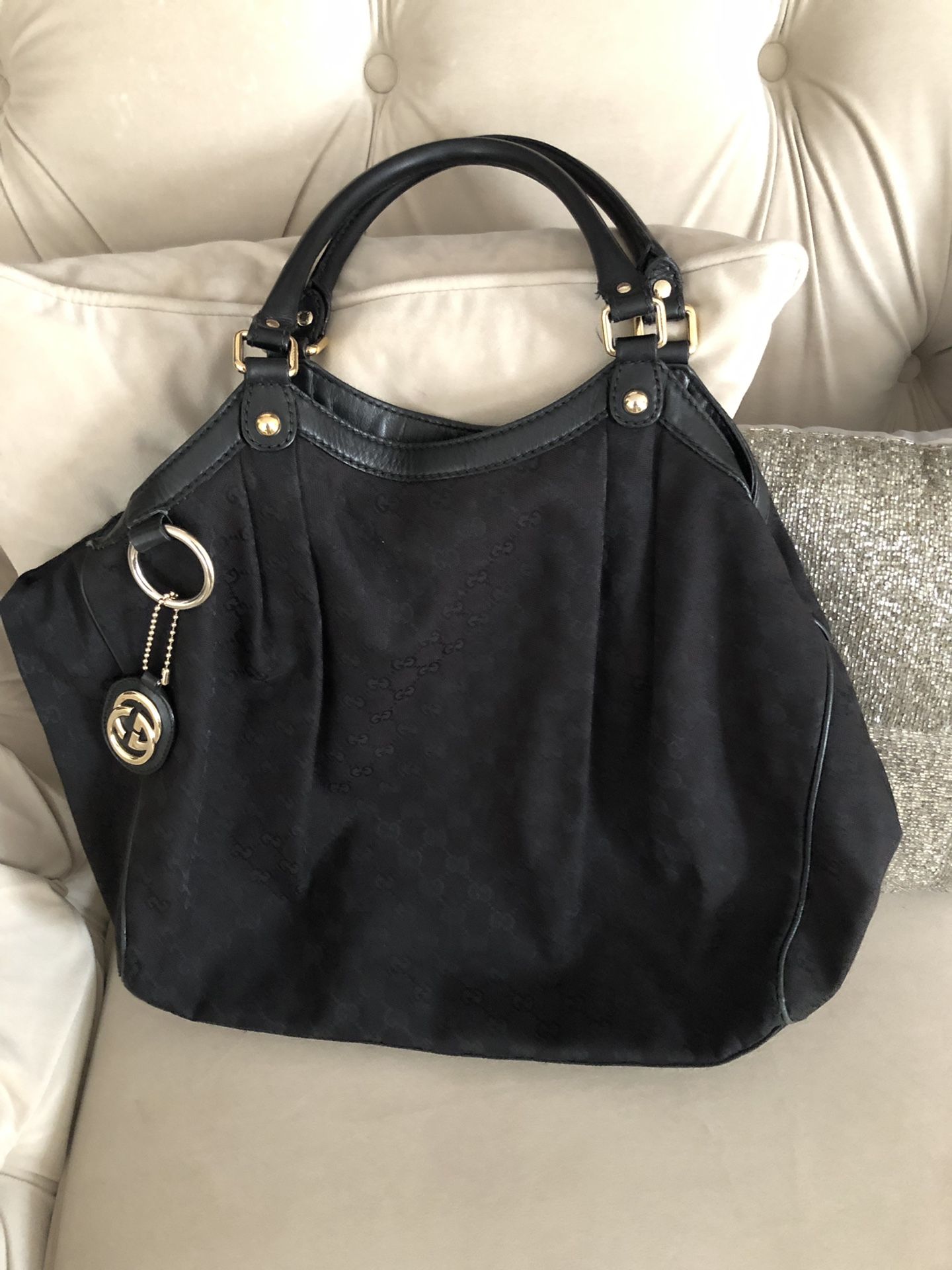 Large Authentic Gucci Sukey Handbag Tote canvas material with Gucci charm.