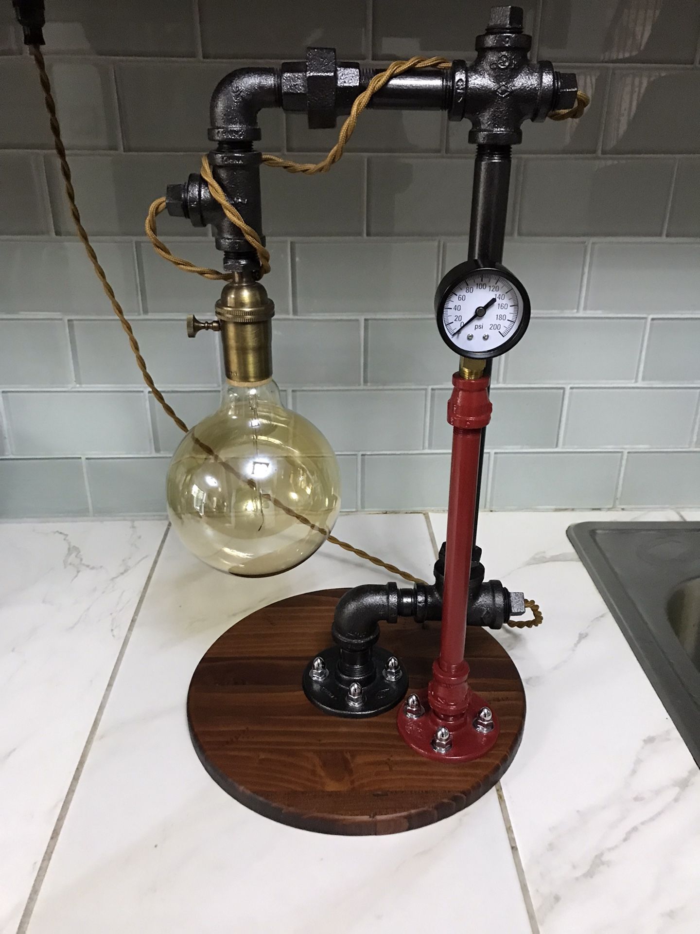 Industrial Steel Pipe&Edison Bulb Lamp, Red Cider Wood Base