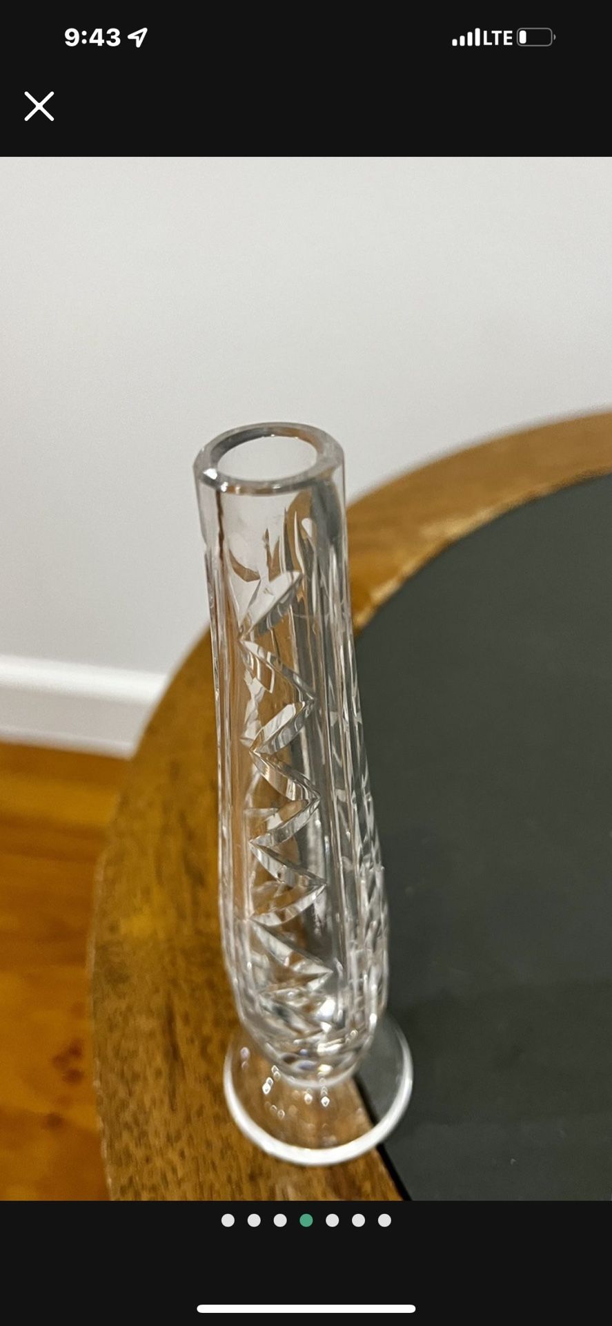 vintage Waterford Crystal vase features a cut vesica piscis pattern to the graduated cylindrical form. It sits on a circular footed, 7” Tall In great