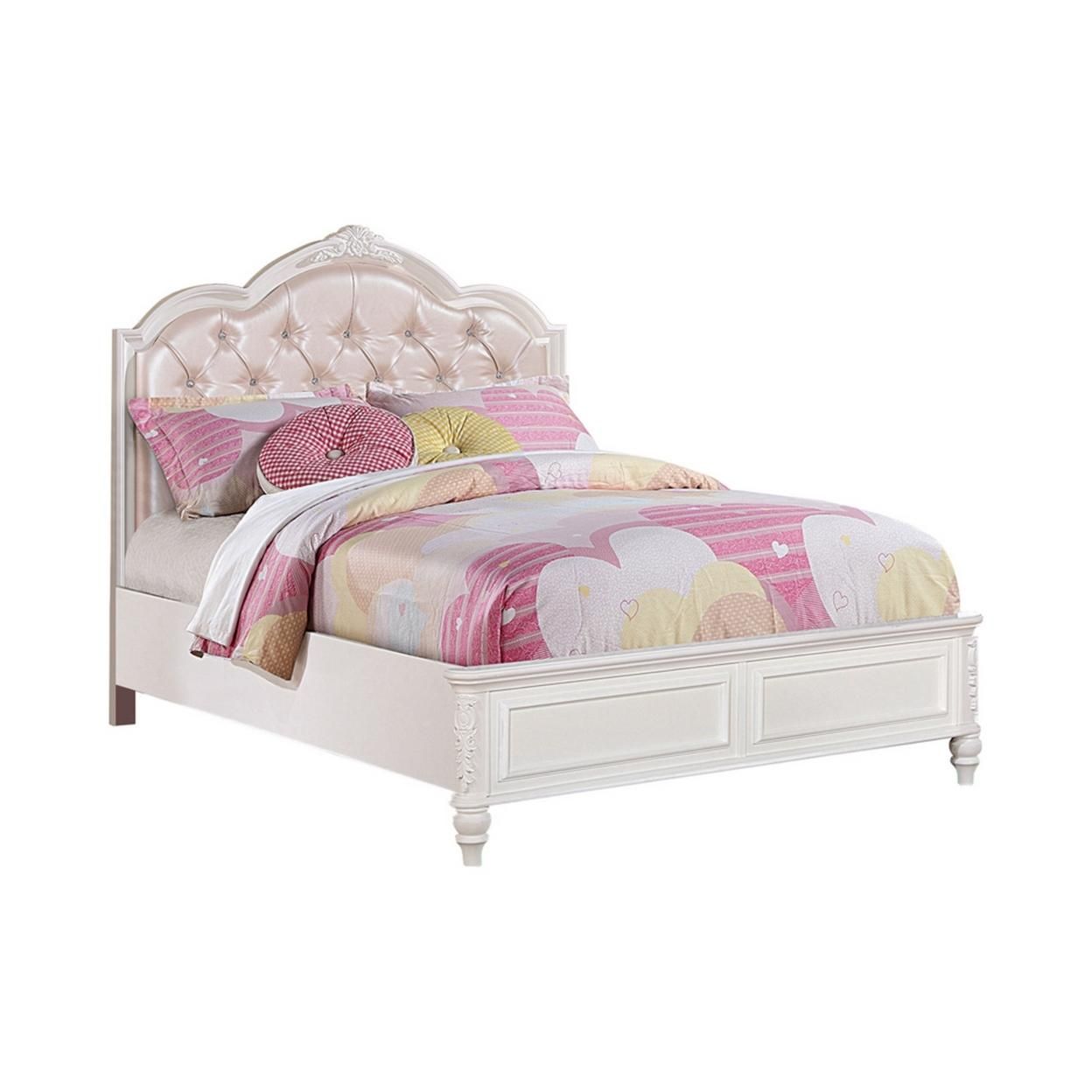Saltoro Sherpi Wooden Twin Size Bed with Button Tufted Headboard, Pink and White