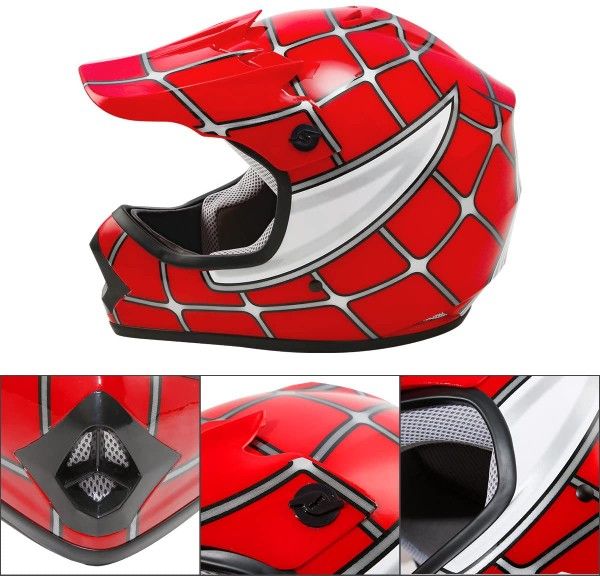 TCMT DOT Motorcycle Helmet for Kids Red Spider Net with Goggles & Gloves for Atv Mx Motocross Offroad Street Dirt Bike YouthÂ