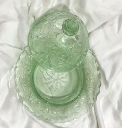 Chantilly Tiara Green glass, Butter Dish. Thumbnail