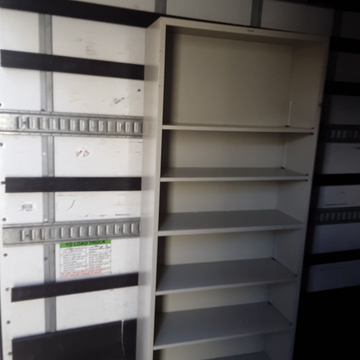 Shelving metal light weight...2 available...size. 34.5 Wide.m...12.5 Deep..81.25 Tall