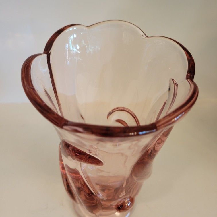 Pink Pedestal Vase - Flowing Leaves or Ferns - Pink Color - 8 1/4" Tall