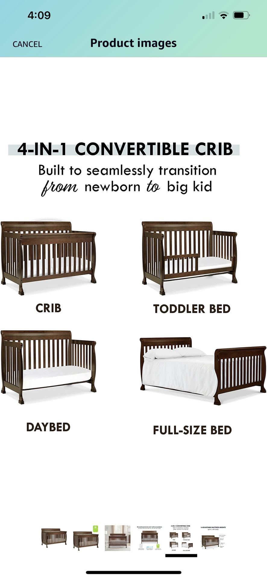 4 in 1 Convertible Crib In Espresso And Mattress