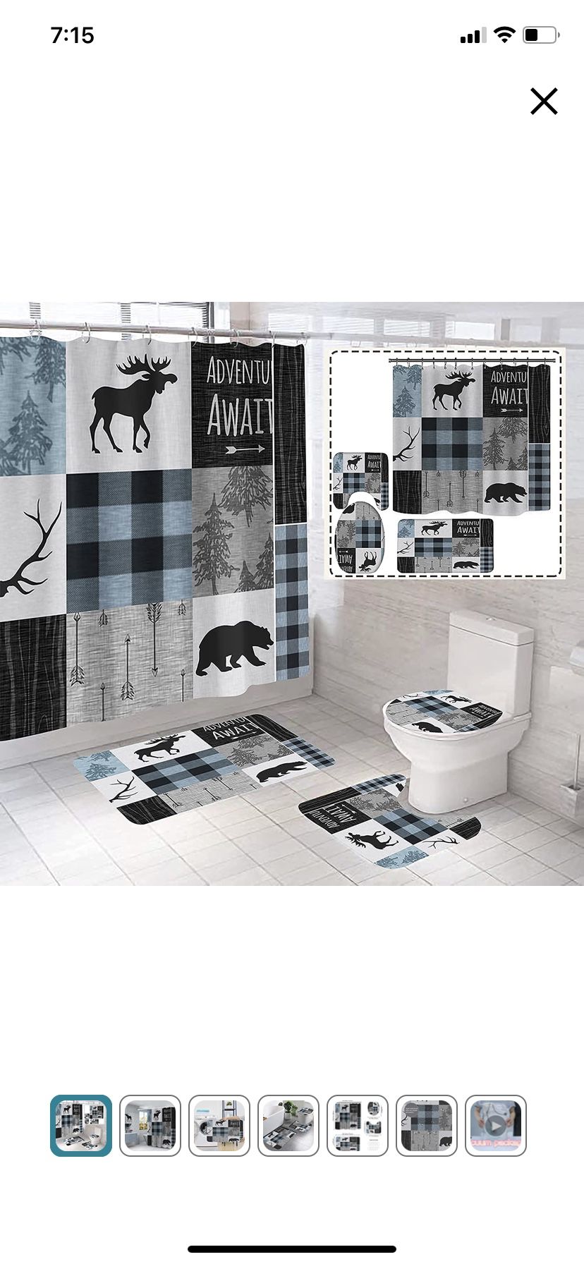 4pcs Retro Rustic Lodge Bear Moose Deer Shower Curtain Set Toilet Lid Cover & Bath Mat 